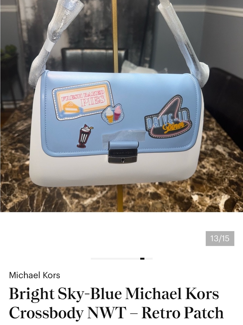 Michael Kors Sky Blue Crossbody with Retro Patch Accents - Picture 12 of 14